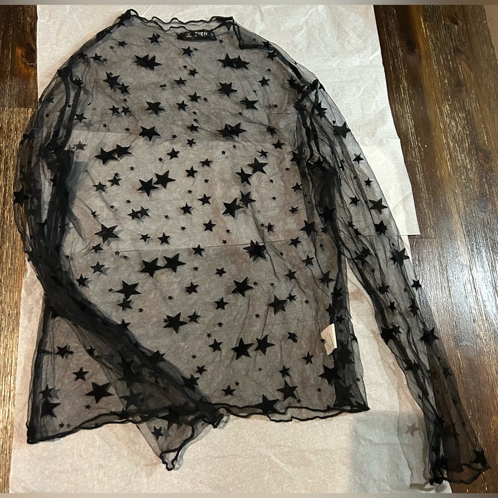 NWOT SHEIN black sheer mesh top featuring an all-over star flocking pattern
